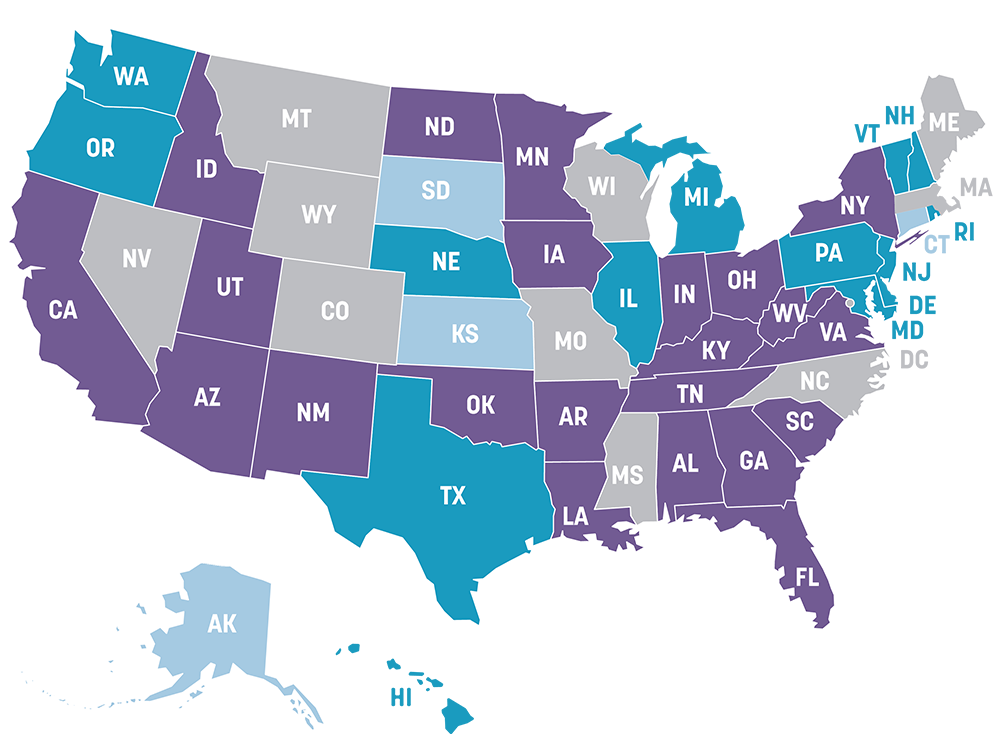 US map with policy colours